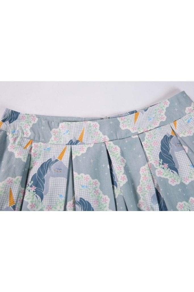Blue Grey Box Pleated Dreamy Unicorn and Cute Blue Bird Skirt with Pockets