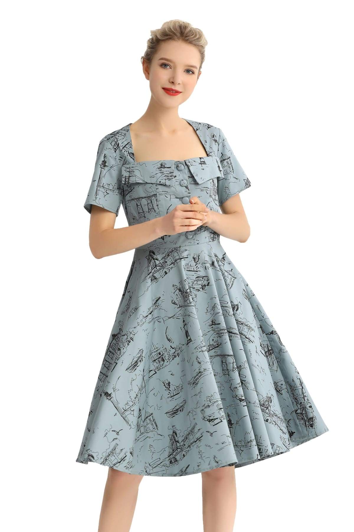 Blue Grey Nautical Square Neckline Folded Collar A Line Cotton Dress with Pockets Blue Grey Nautical Square Neckline Folded Collar A Line Cotton Dress with Pockets