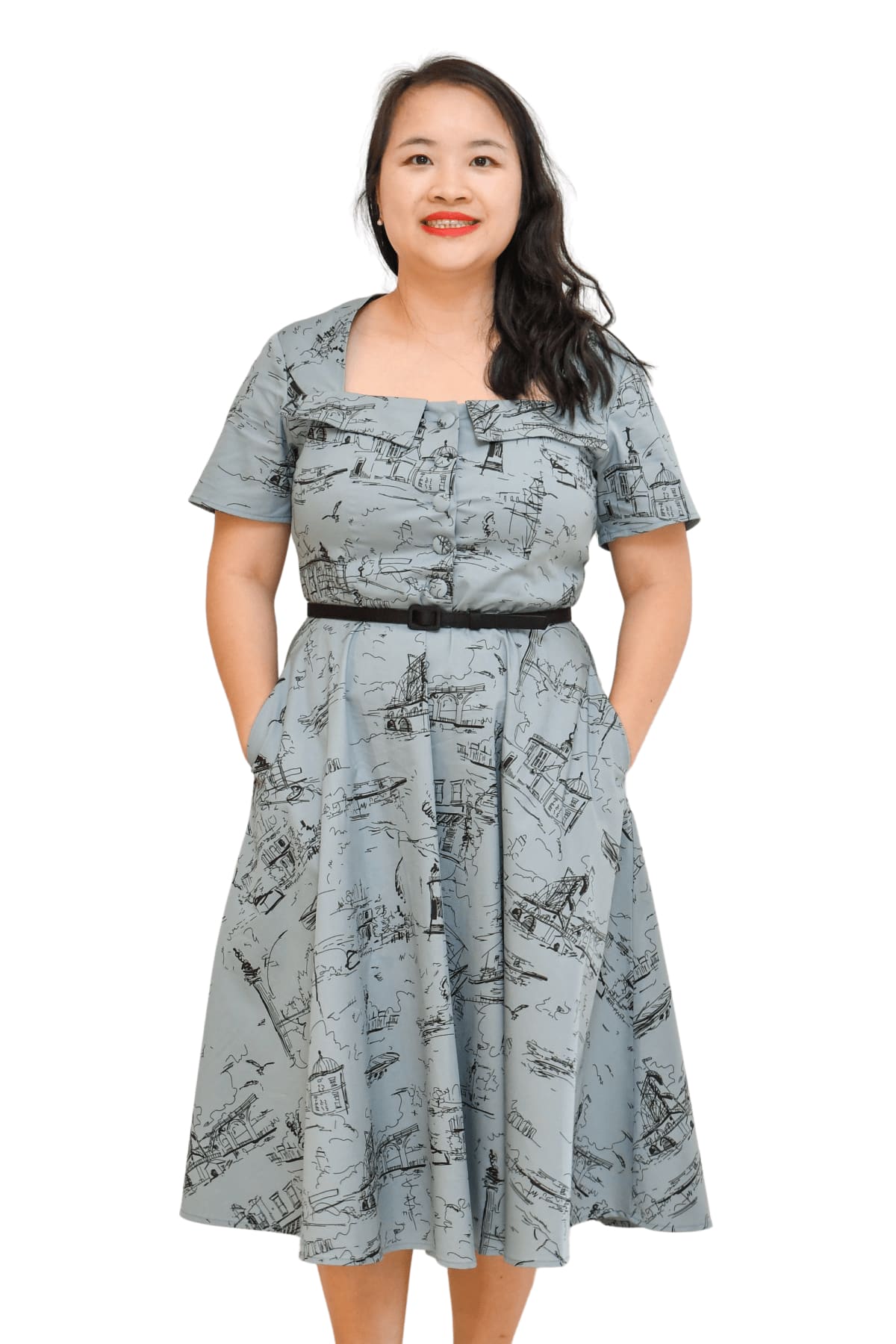 Blue Grey Nautical Square Neckline Folded Collar A Line Cotton Dress with  Pockets