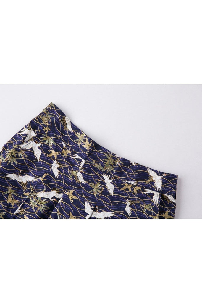 Blue with White Japanese Cranes A Line Skirt