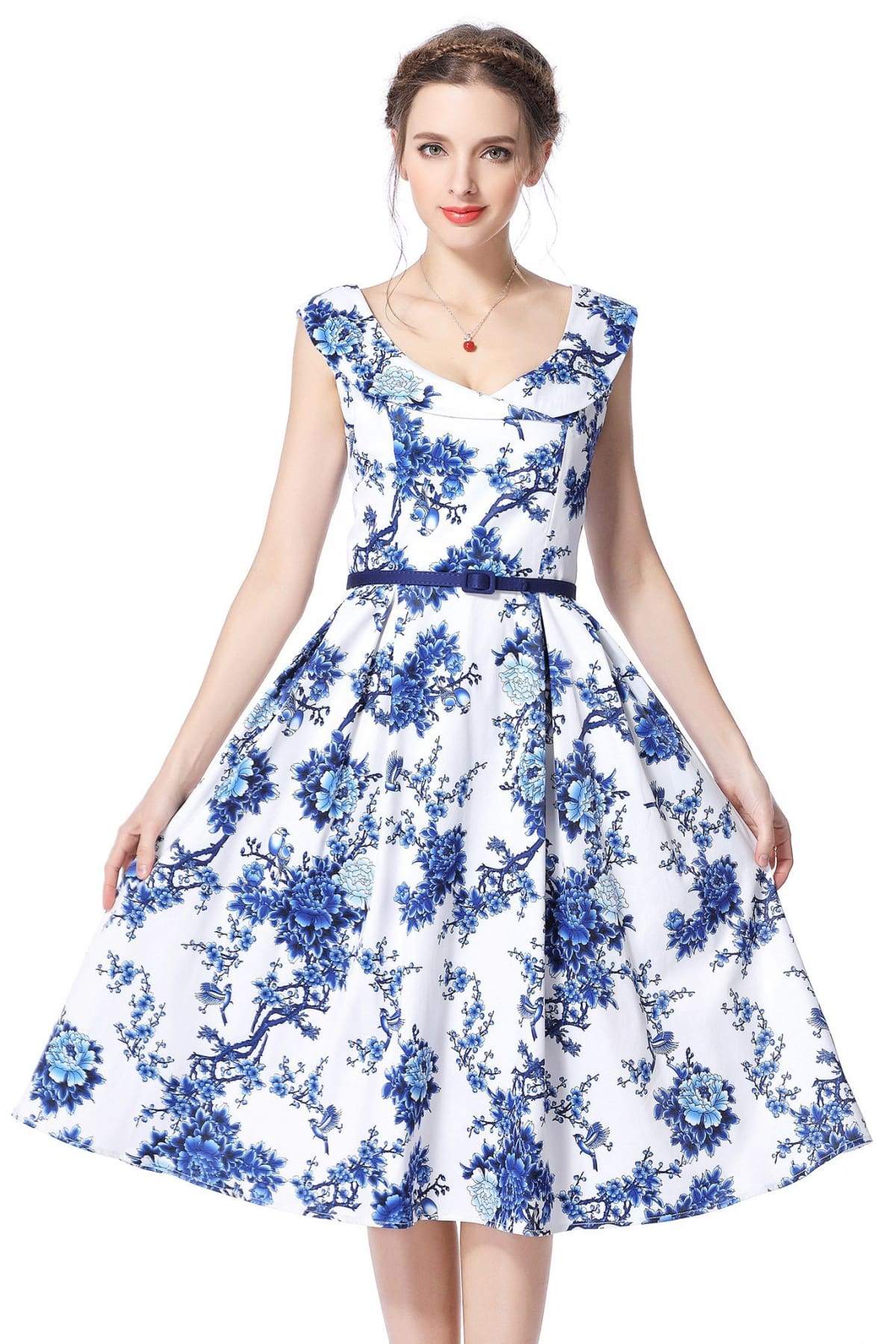 Blue & White Porcelain Cross Neck Vintage Swing Dress Blue & White Porcelain Cross Neck Vintage Swing Dress
