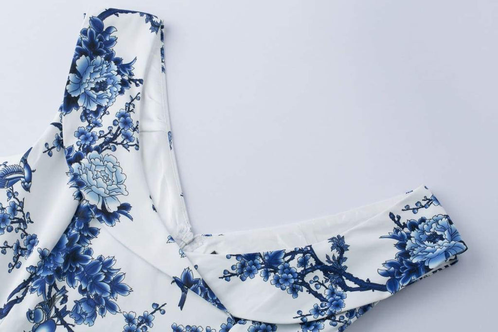 Blue & White Porcelain Cross Neck Vintage Swing Dress