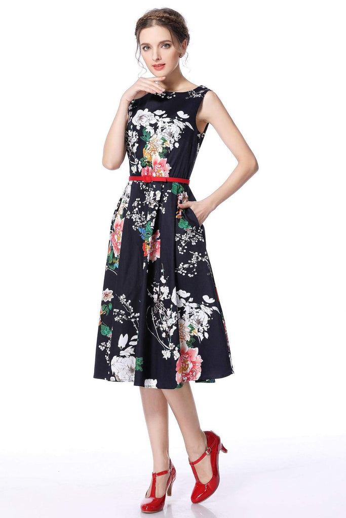 Boat Neck Navy Peony Garden Cotton Vintage Dress