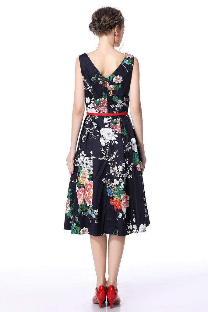 Boat Neck Navy Peony Garden Cotton Vintage Dress