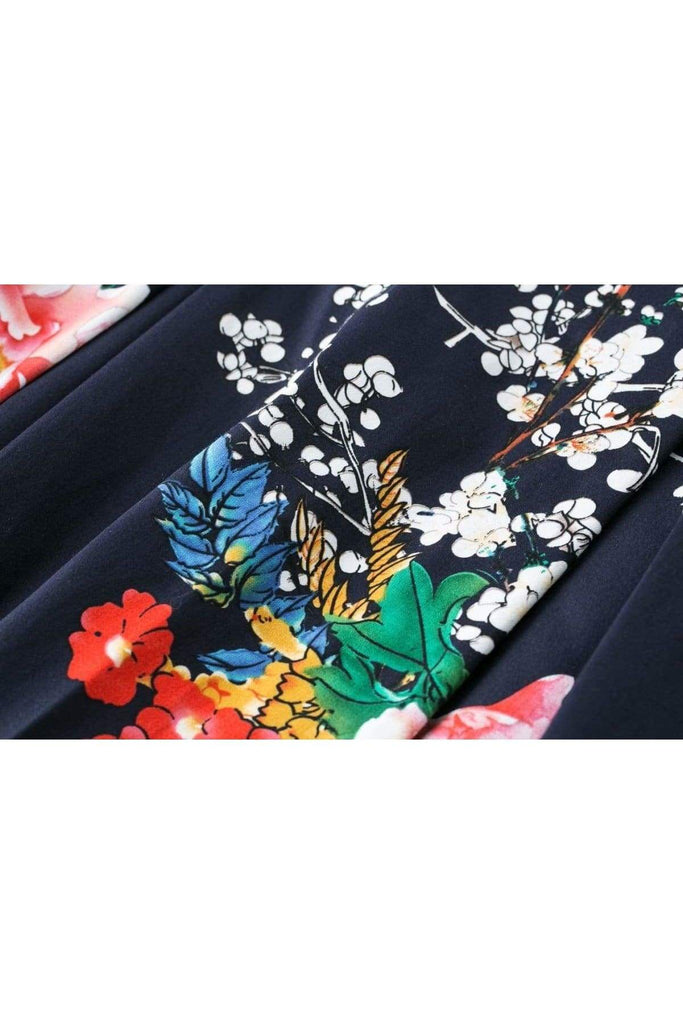 Boat Neck Navy Peony Garden Cotton Vintage Dress