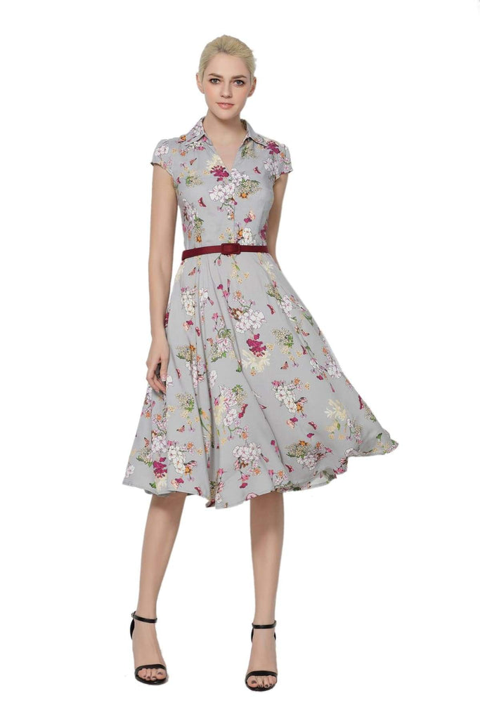 Butterflies & Flowers Grey Collared Vintage Dress