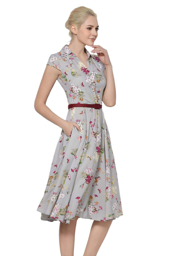 Butterflies & Flowers Grey Collared Vintage Dress