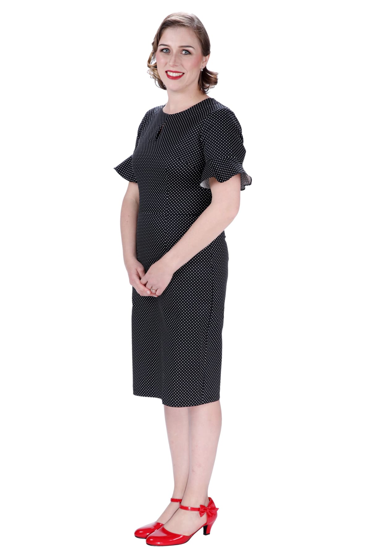 Classic Black with White Polka Dot Slit Detail Bell Sleeve Pencil Dress Classic Black with White Polka Dot Slit Detail Bell Sleeve Pencil Dress