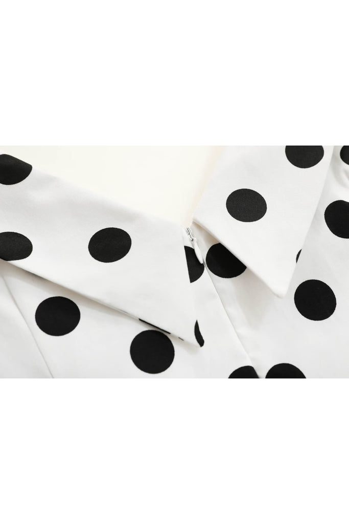 Classic Black & White Polkadot Cross Neck A Line Dress with Pockets