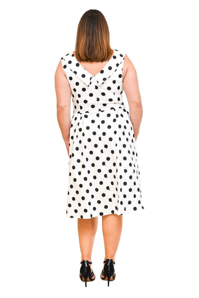 Classic Black & White Polkadot Cross Neck A Line Dress with Pockets