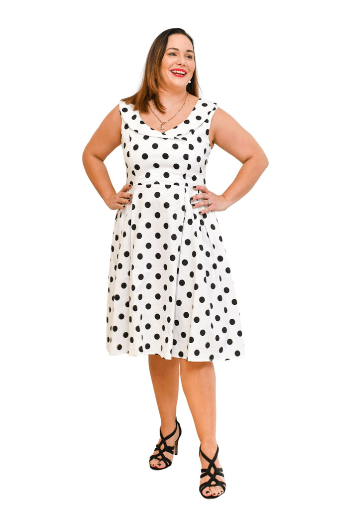 Classic Black & White Polkadot Cross Neck A Line Dress with Pockets