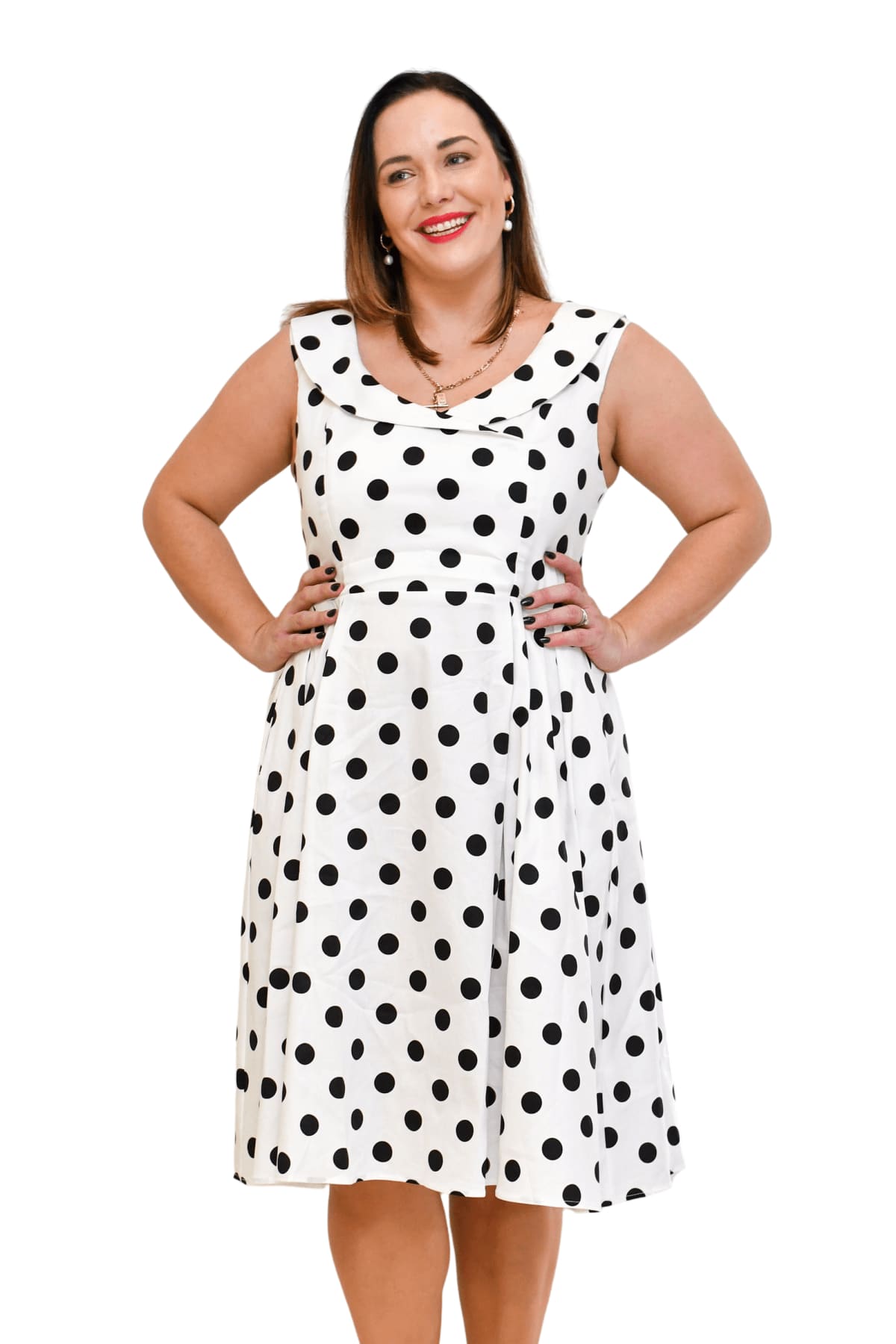 Classic Black & White Polkadot Cross Neck A Line Dress with Pockets