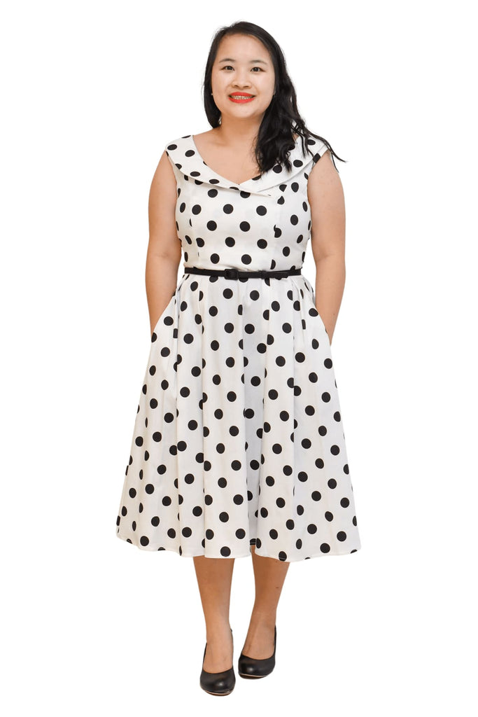 Classic Black & White Polkadot Cross Neck A Line Dress with Pockets