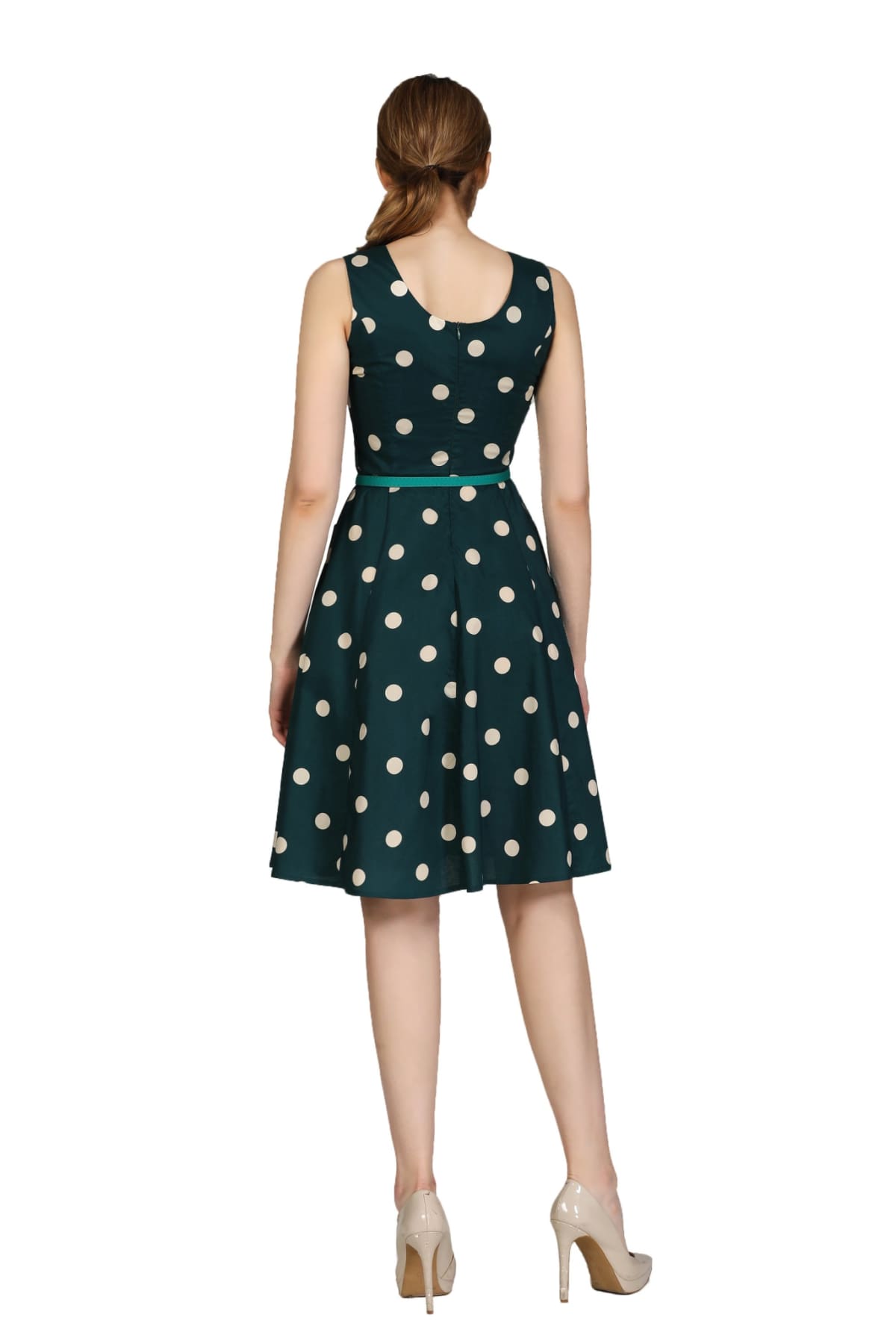 Classic Green Scoop Neck with Cream Polkadot Cotton A Line Dress with  Pockets