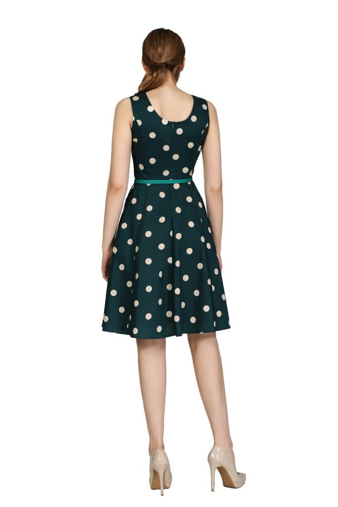 Classic Green Scoop Neck with Cream Polkadot Cotton A Line Dress with Pockets