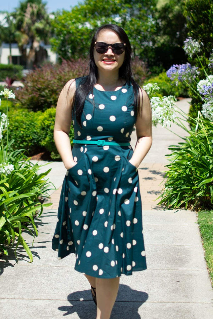 Classic Green Scoop Neck with Cream Polkadot Cotton A Line Dress with Pockets