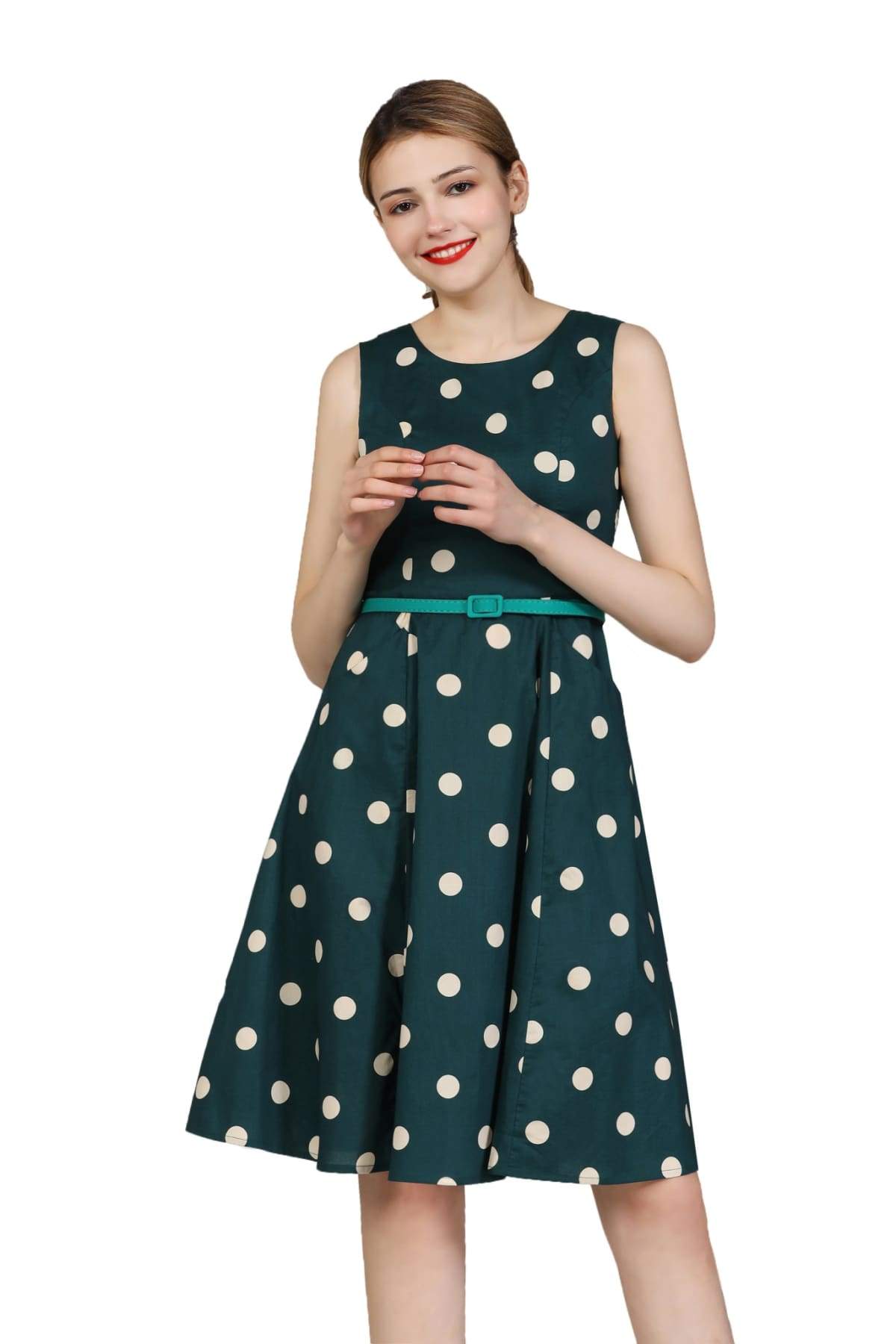 Classic Green Scoop Neck with Cream Polkadot Cotton A Line Dress with  Pockets