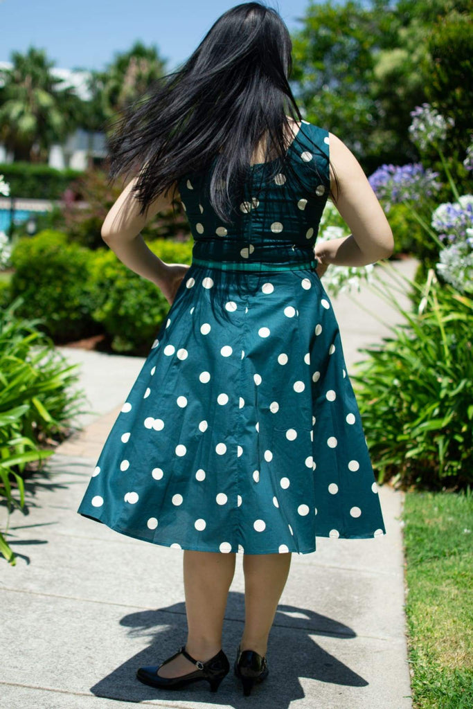 Classic Green Scoop Neck with Cream Polkadot Cotton A Line Dress with Pockets