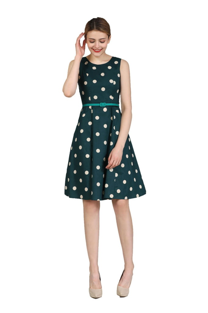 Classic Green Scoop Neck with Cream Polkadot Cotton A Line Dress with Pockets