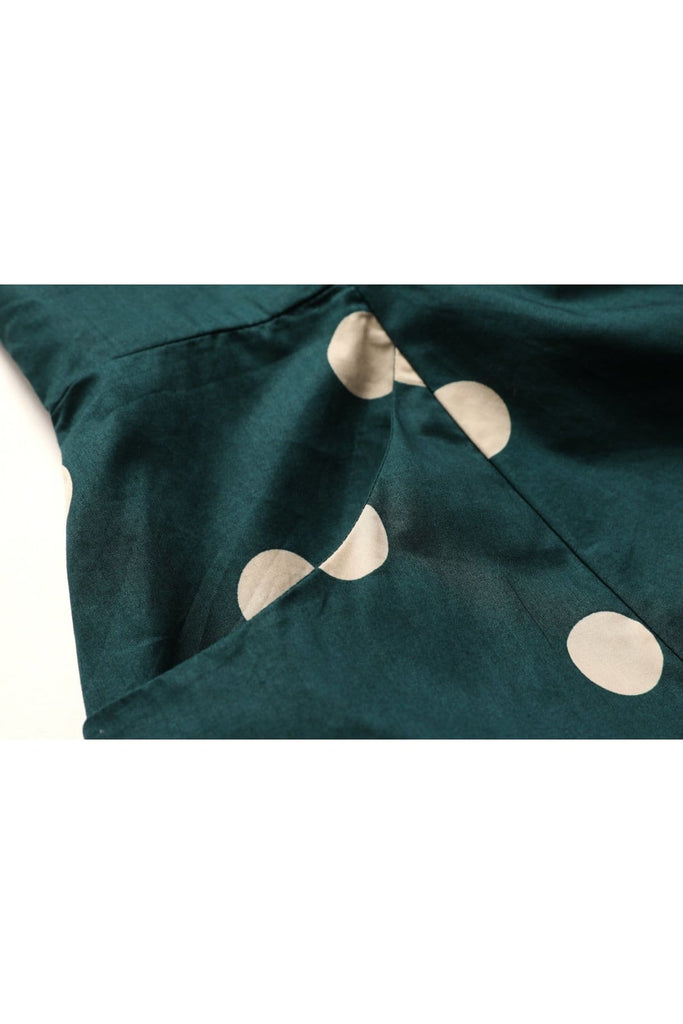 Classic Green Scoop Neck with Cream Polkadot Cotton A Line Dress with Pockets