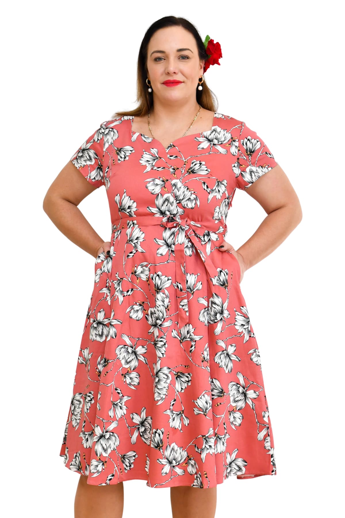 Coral Sweetheart A Line Magnolia Cotton Dress with Pockets Coral Sweetheart A Line Magnolia Cotton Dress with Pockets