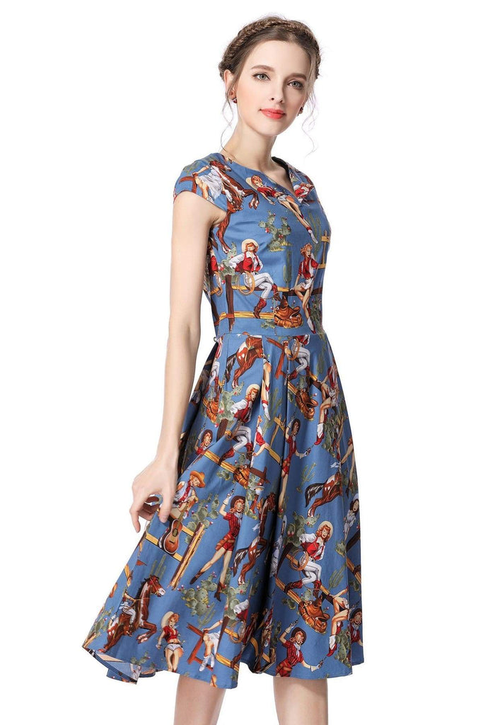 Cow Boys & Cow Girls Dusty Blue V Neck Vintage Dress