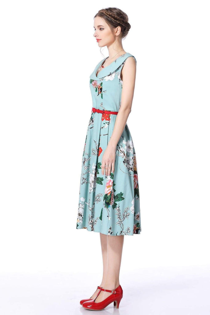 Cross Neck Mint Peony Garden Vintage Dress