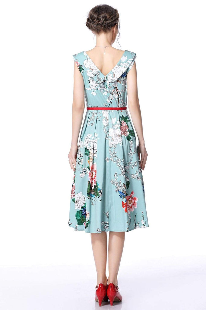 Cross Neck Mint Peony Garden Vintage Dress