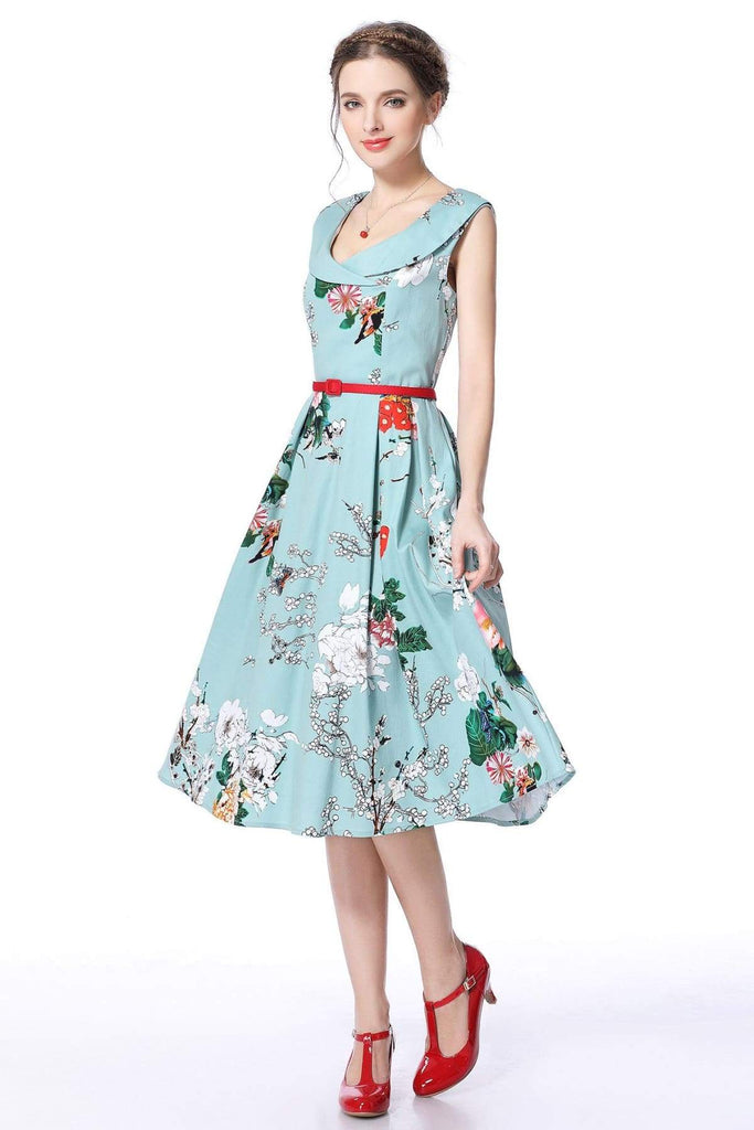 Cross Neck Mint Peony Garden Vintage Dress