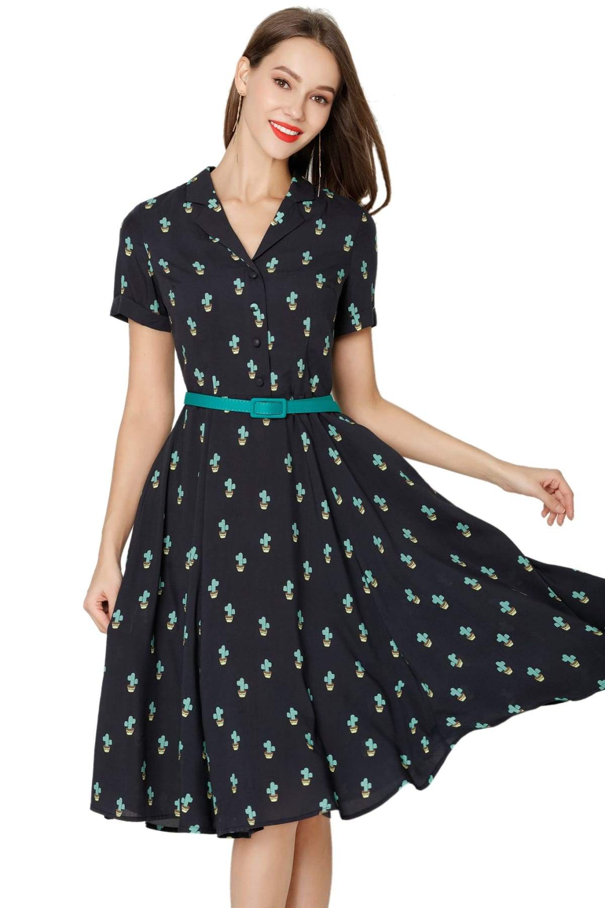 Cute Cactus Dark Navy V Neck Collared Dress