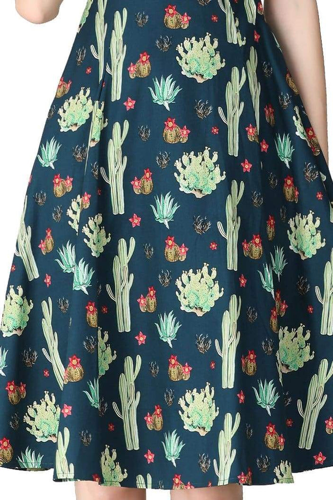 Dark Blue Green Sweetheart A Line Cactus Cotton Dress with Pockets