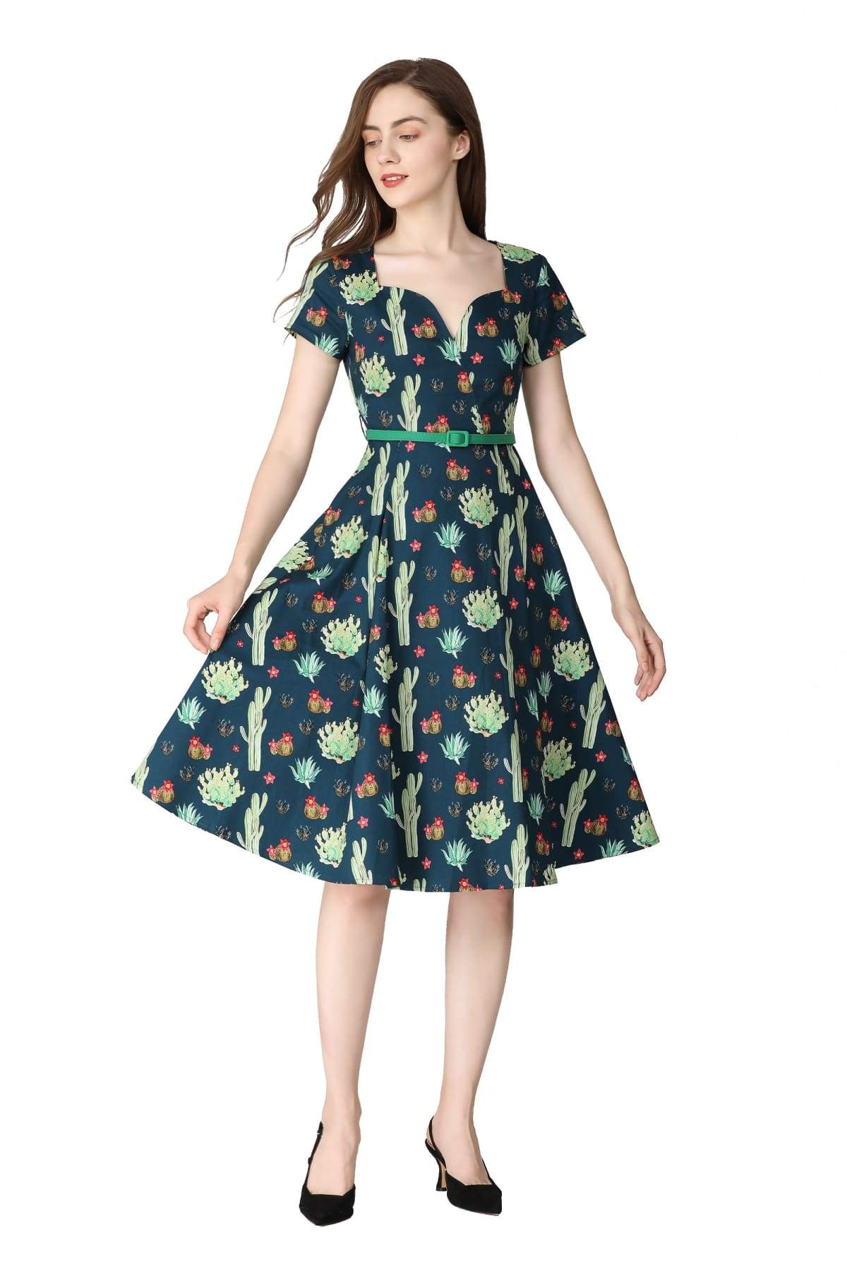 Dark Blue Green Sweetheart A Line Cactus Cotton Dress with Pockets