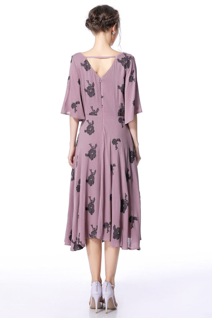 Dark Lavender Lace Embroidery V Neck Vintage Swing Dress