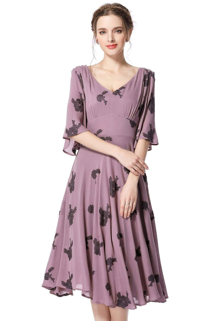 Dark Lavender Lace Embroidery V Neck Vintage Swing Dress