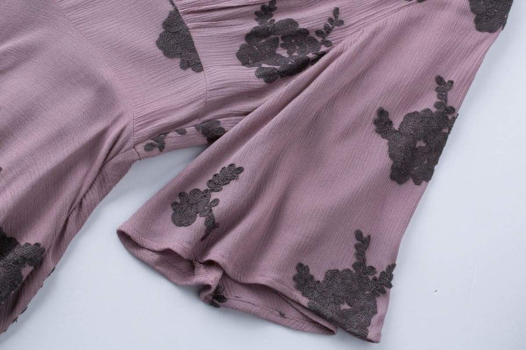 Dark Lavender Lace Embroidery V Neck Vintage Swing Dress