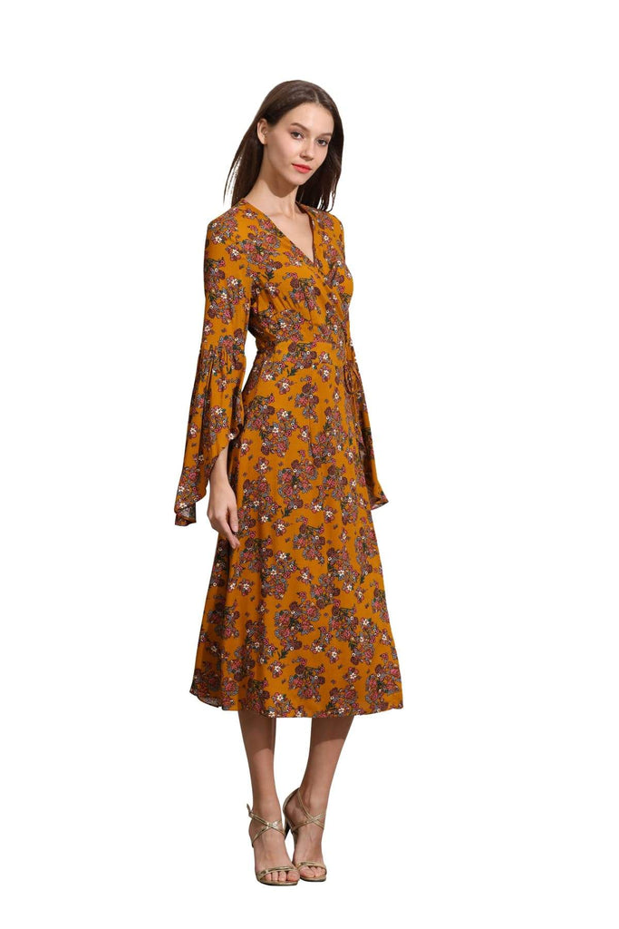 Dark Mustard Yellow Angel Sleeve with Pink Bouquets Wrap Dress