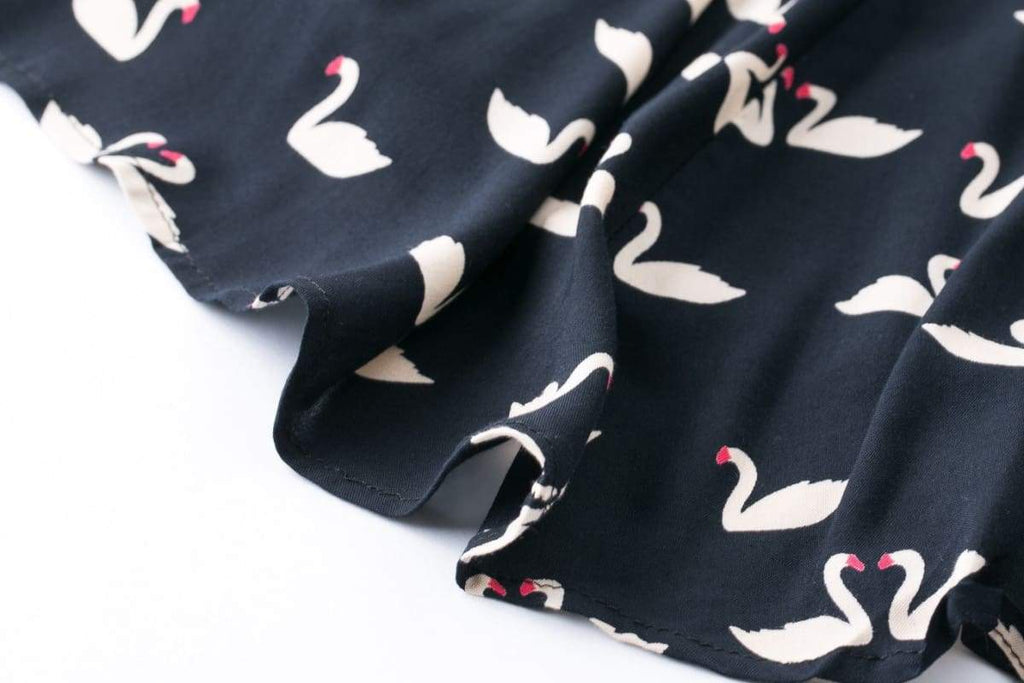 Dark Navy Swan Print Collared Cotton Rayon Vintage Dress