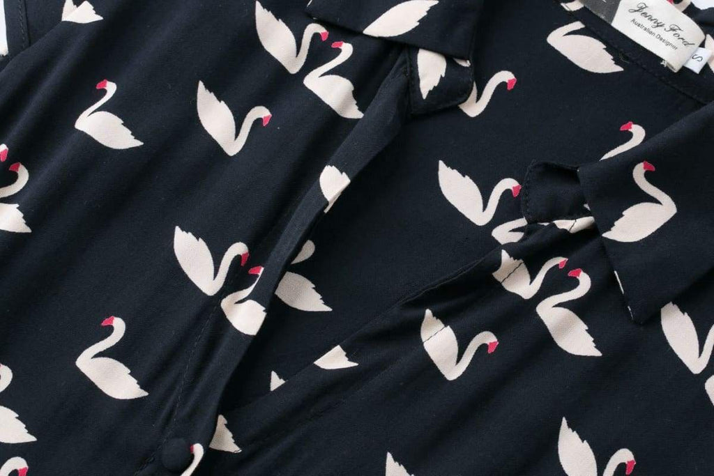 Dark Navy Swan Print Collared Cotton Rayon Vintage Dress