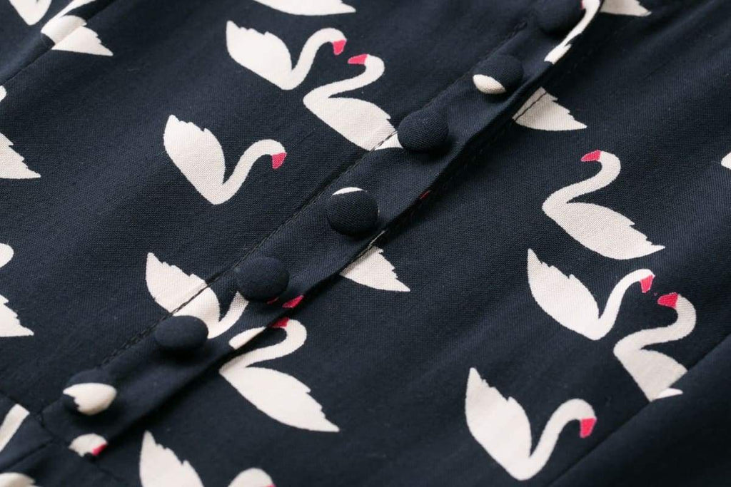 Dark Navy Swan Print Collared Cotton Rayon Vintage Dress