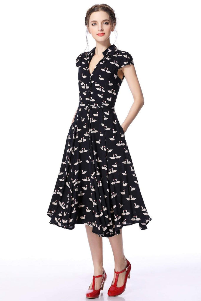 Dark Navy Swan Print Collared Cotton Rayon Vintage Dress