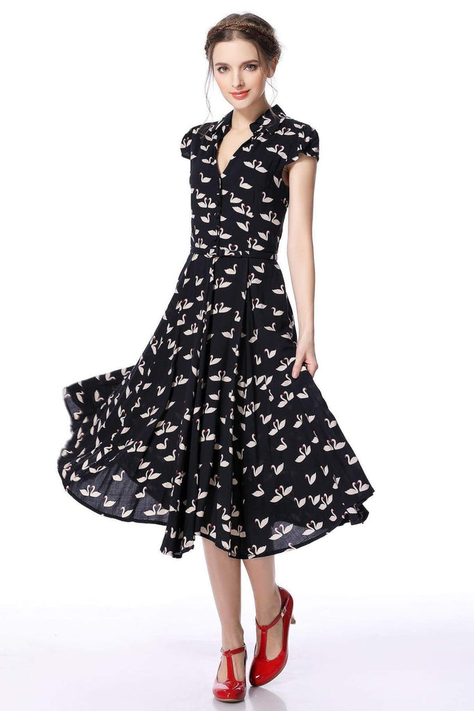 Dark Navy Swan Print Collared Cotton Rayon Vintage Dress