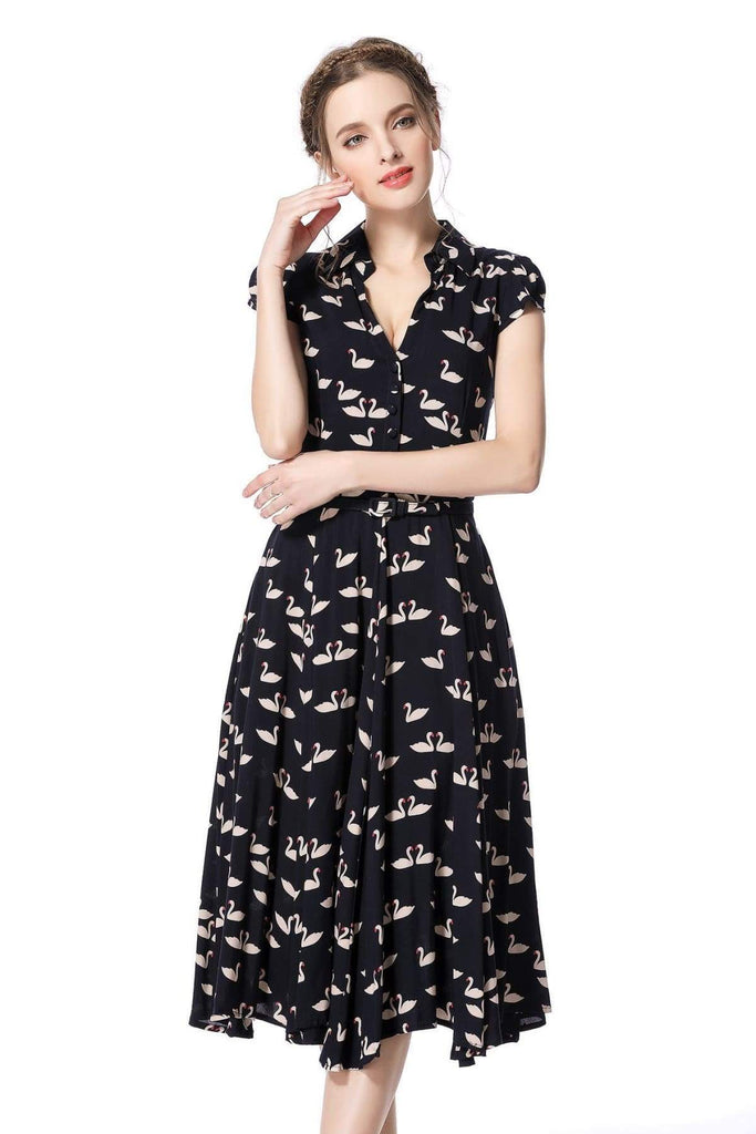 Dark Navy Swan Print Collared Cotton Rayon Vintage Dress