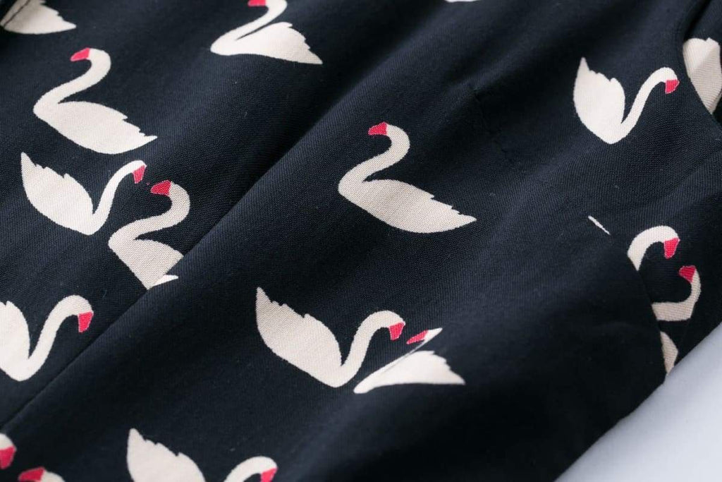 Dark Navy Swan Print Collared Cotton Rayon Vintage Dress