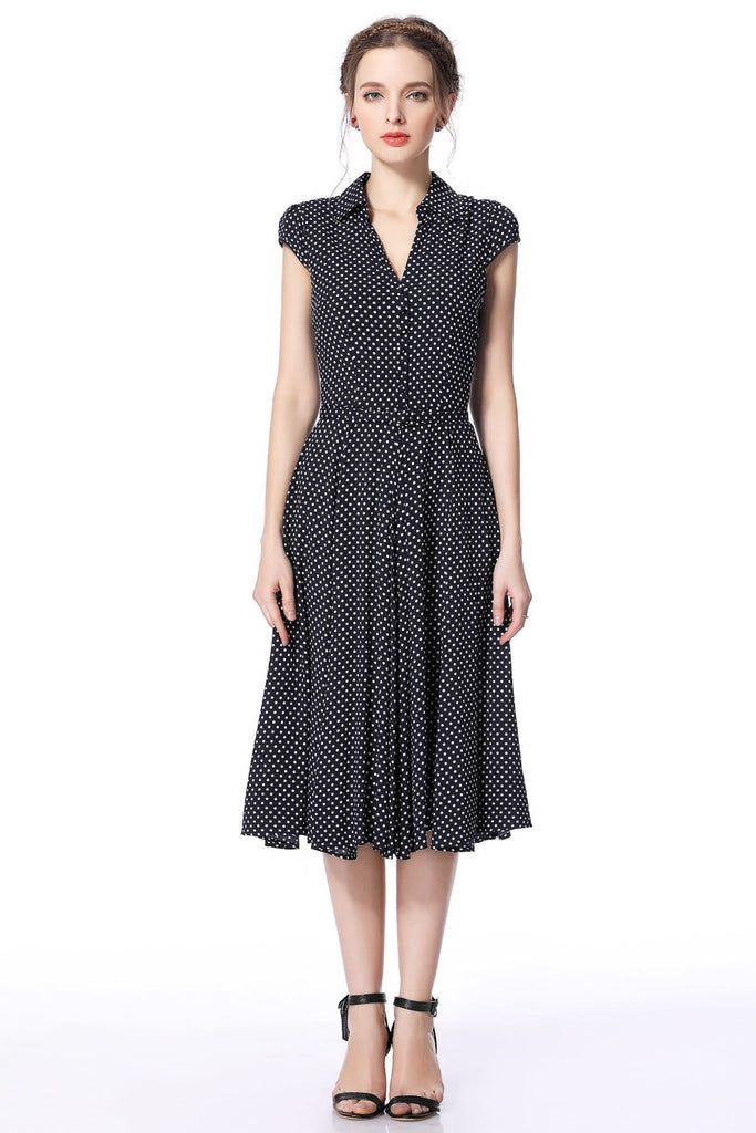 Dark Navy White Polka Dot Vintage Dress