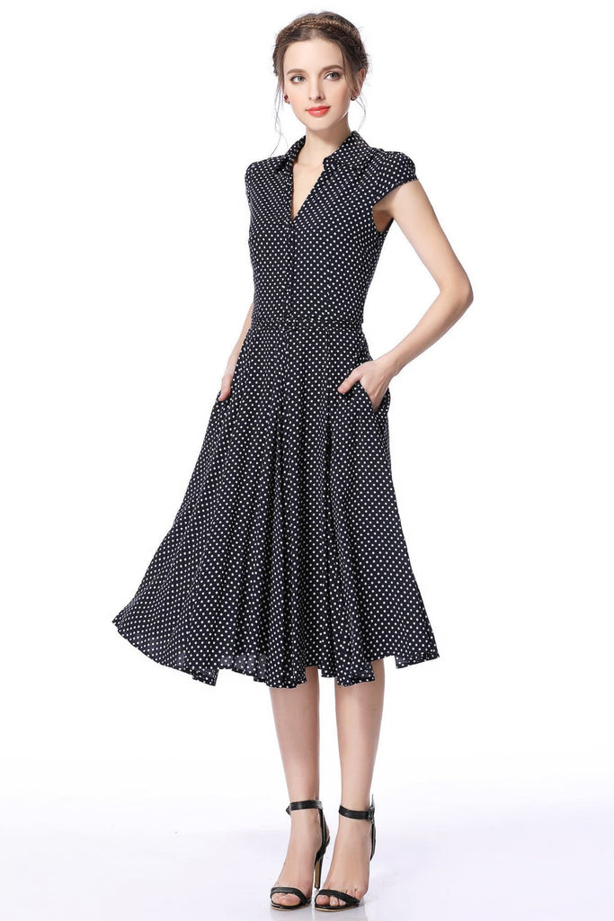 Dark Navy White Polka Dot Vintage Dress