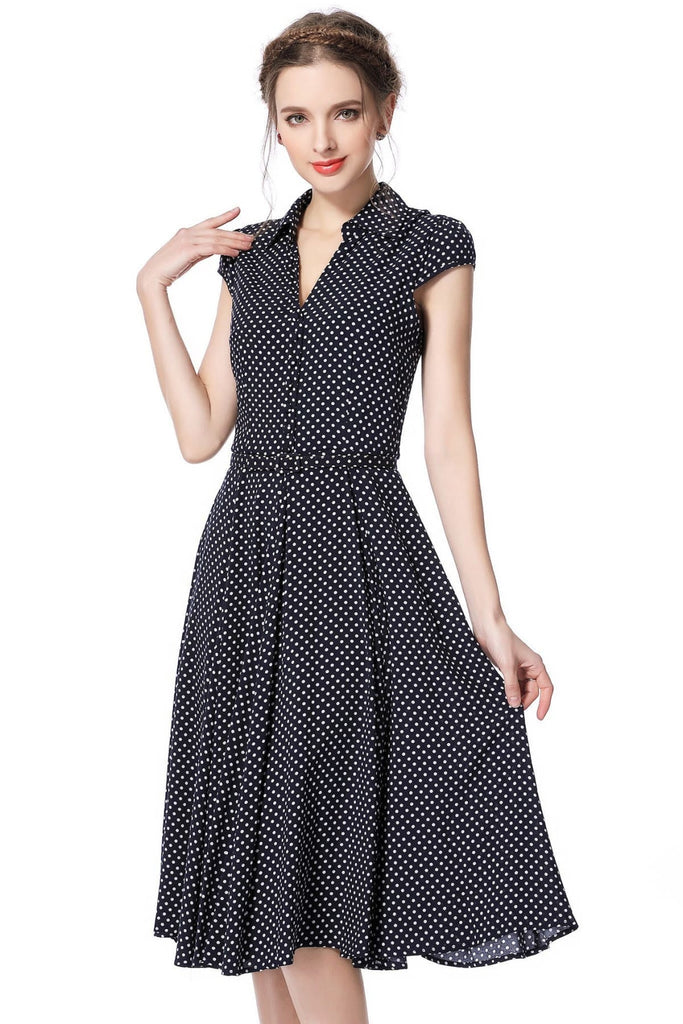 Dark Navy White Polka Dot Vintage Dress