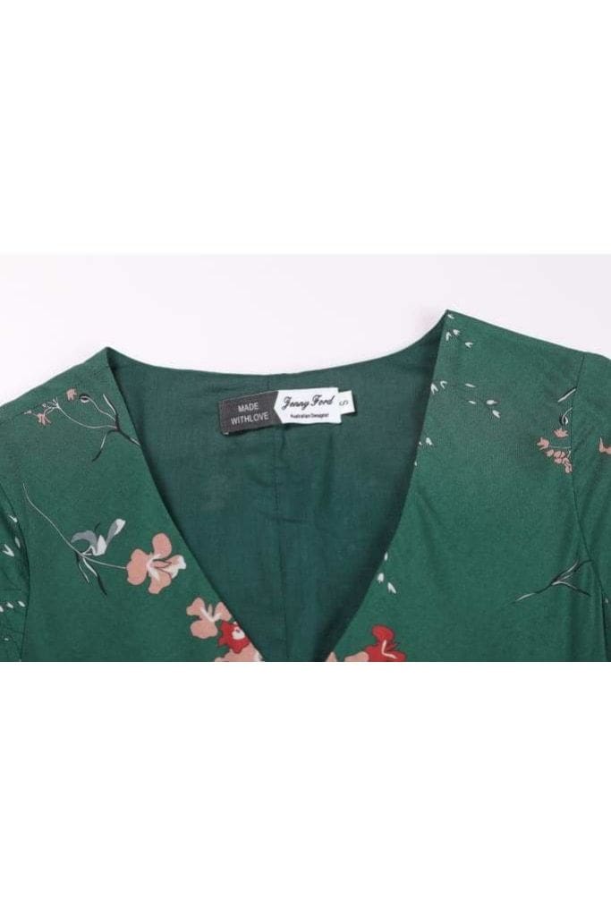 Elegant Pink Blossom Emerald Green Ruffle Wrap Dress