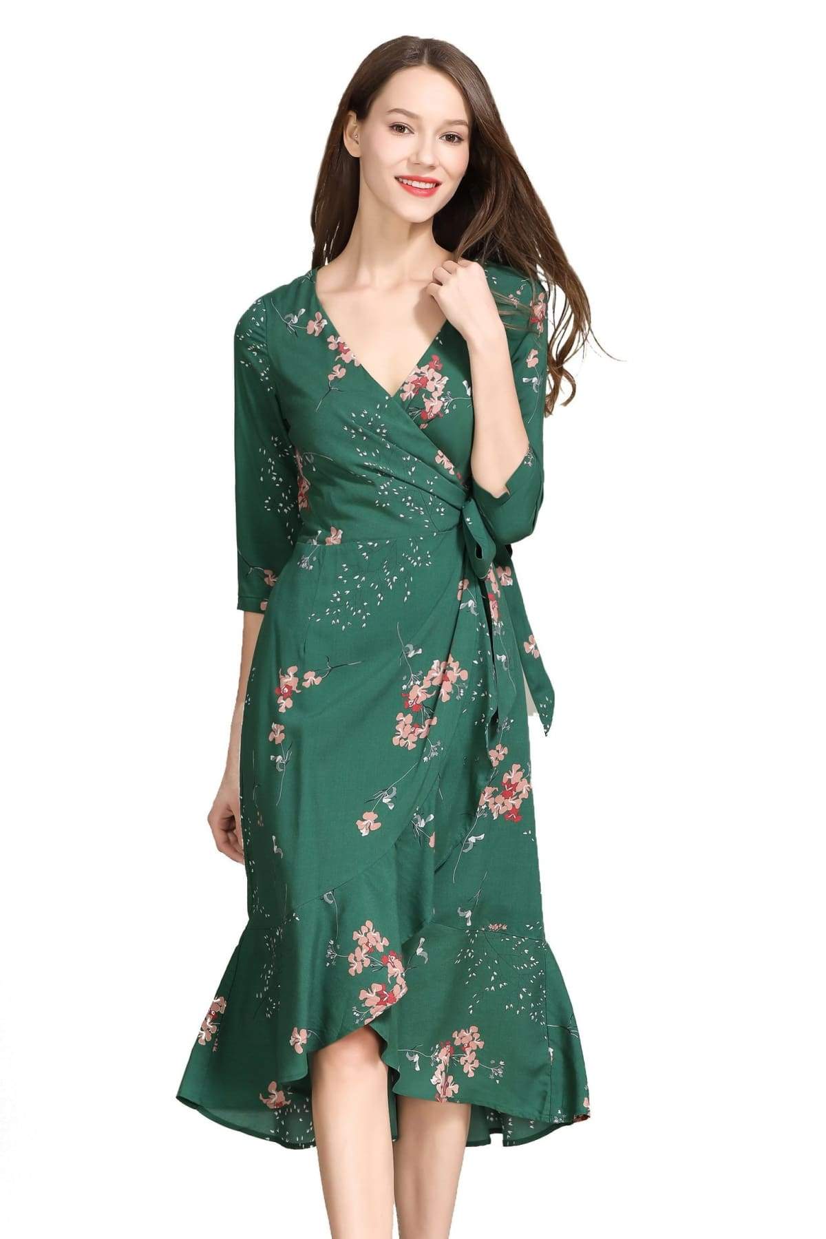 Elegant Pink Blossom Emerald Green Ruffle Wrap Dress Elegant Pink Blossom Emerald Green Ruffle Wrap Dress
