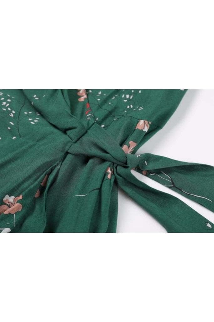 Elegant Pink Blossom Emerald Green Ruffle Wrap Dress