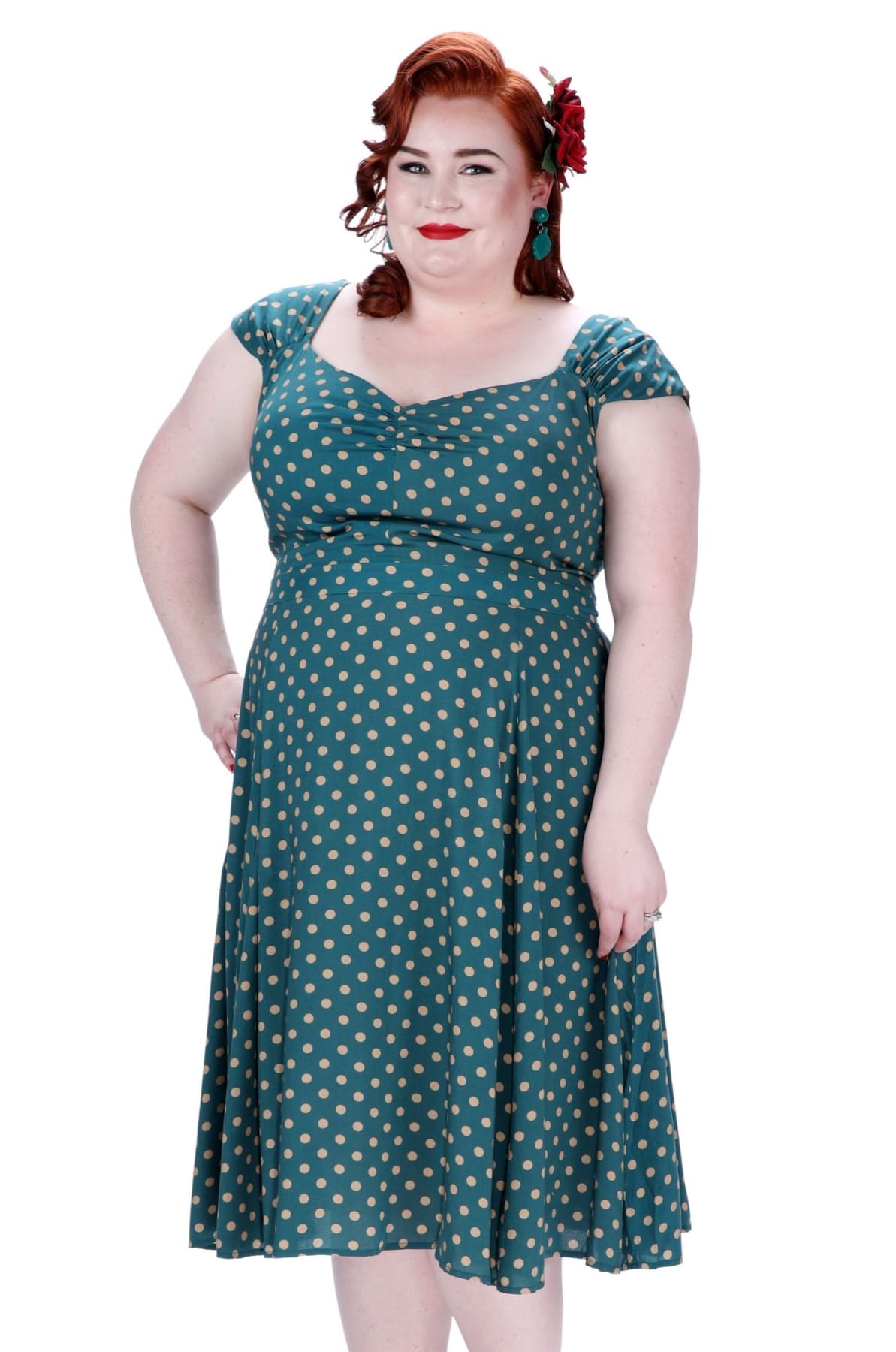 Emerald Green Beige Polka Dot Sweet Heart Dress